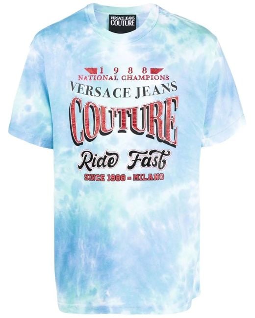 Versace Jeans Couture Blue Tie-Dye Slogan-Print T-Shirt for men