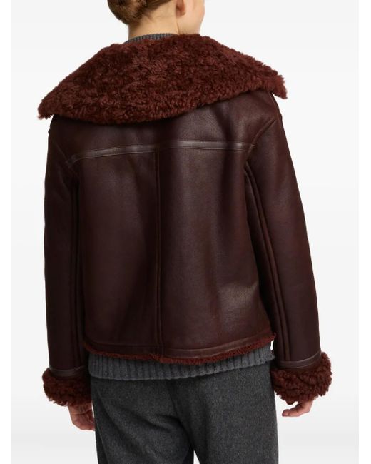 Yves Salomon Brown Shearling-Collared Zip-Front Jacket
