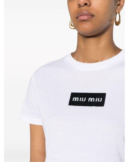 Camiseta con logo de lentejuelas Miu Miu de color White