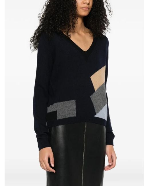 Prada Black Geometric-Pattern V-Neck Jumper