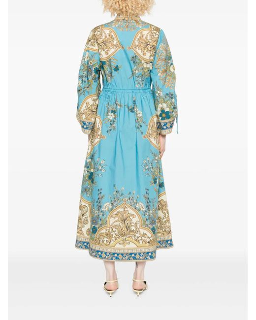 ALÉMAIS Cassie Pool Midi-Jurk Met Bloemenprint En Trekkoord in het Blue