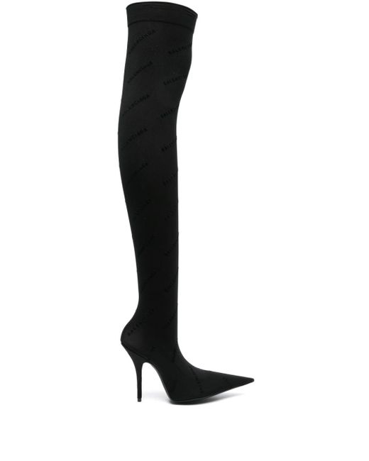 Balenciaga Black 110mm Flocked-logo Above-knee Boots