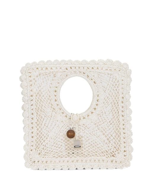 Jacquemus White Le Carré Crochet-Knit Raffia Bag