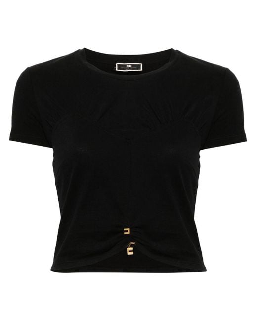 Elisabetta Franchi Black Cropped-T-Shirt mit Logo-Anstecknadel