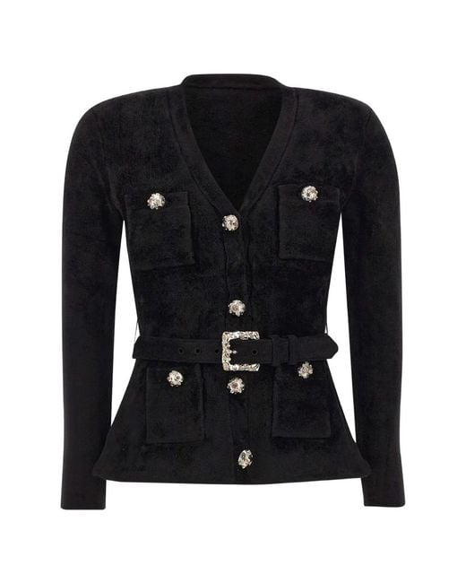 Self-Portrait Black Belted Chenille-Knit Cardigan