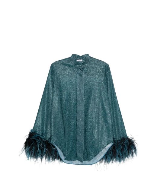 Oseree Green Lumiere Plumage Feather-Trim Shirt