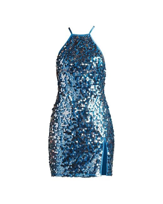 Tadashi Shoji Blue Joia Sequined Halterneck Mini Dress