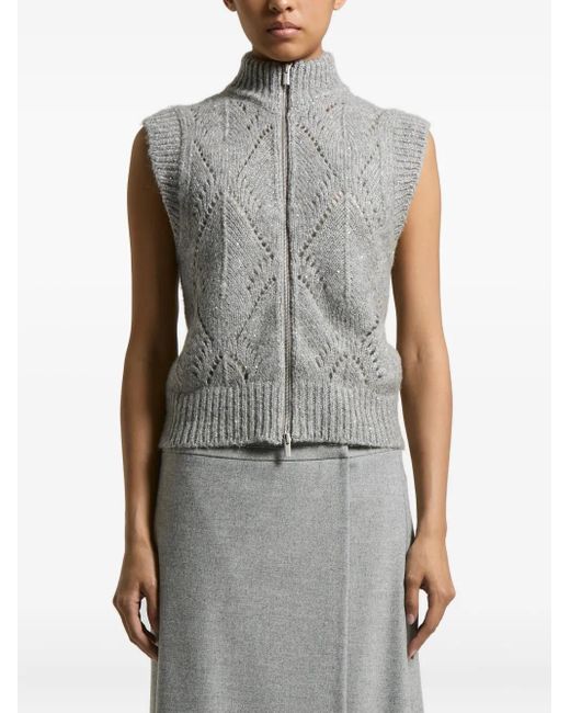 Peserico Gray Zip-Front Sleeveless Cardigan