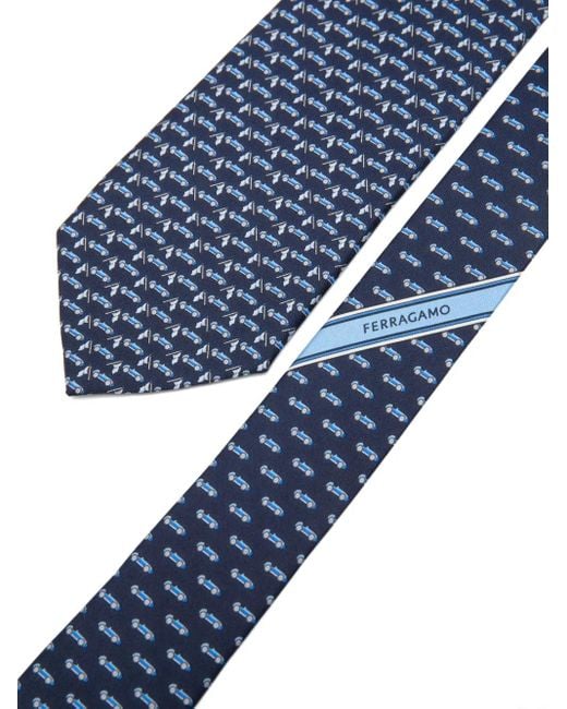 Ferragamo Blue Race-Patterned Silk Tie for men