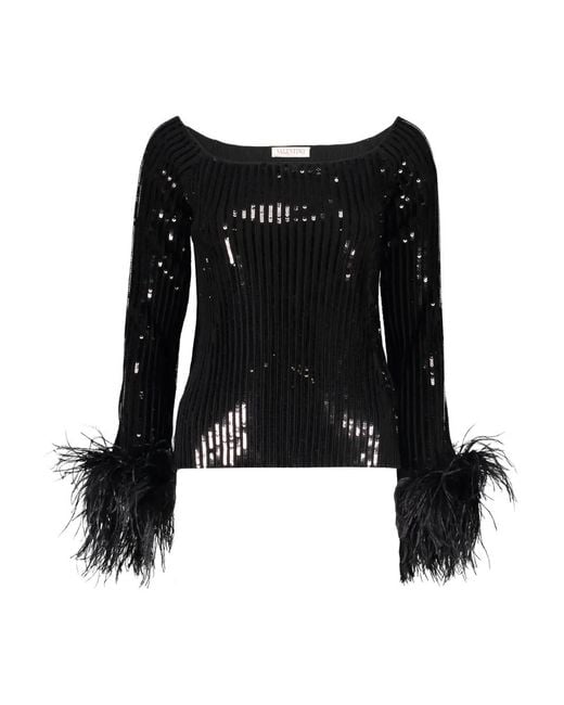 Valentino Garavani Black Sequin Feather-Trim Top