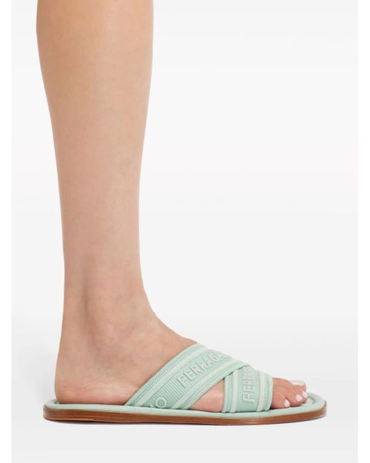 Ferragamo Green Logo-Print Round-Toe Slides
