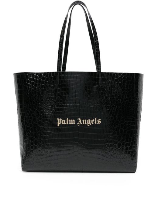 Palm Angels Black Crocodile-Embossed Leather Tote Bag