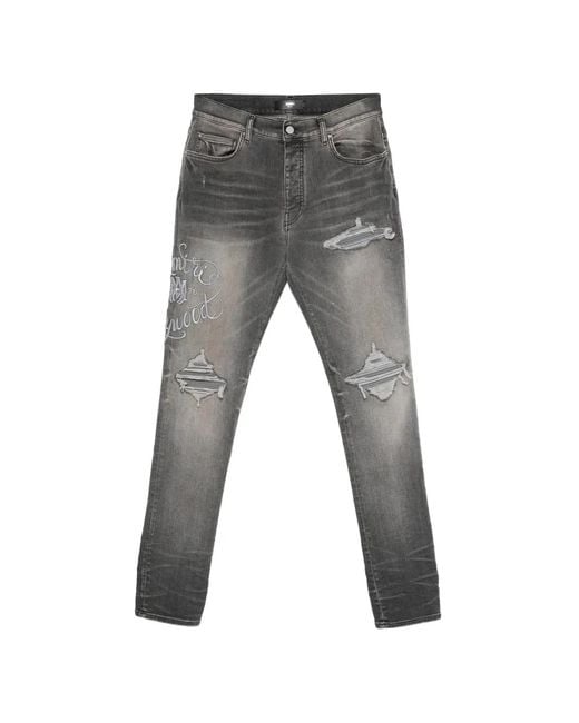 Amiri Gray Ripped Embroidery Jeans for men