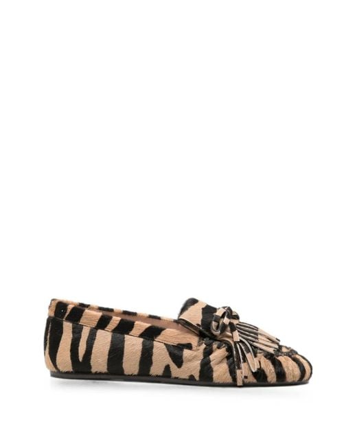 Stuart Weitzman White Fringe-Detail Zebra-Print Loafers