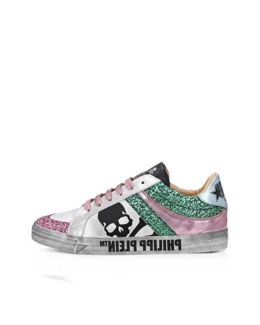 Philipp Plein White Nappa-Leather Lo-Top Sneakers Glitter Skull