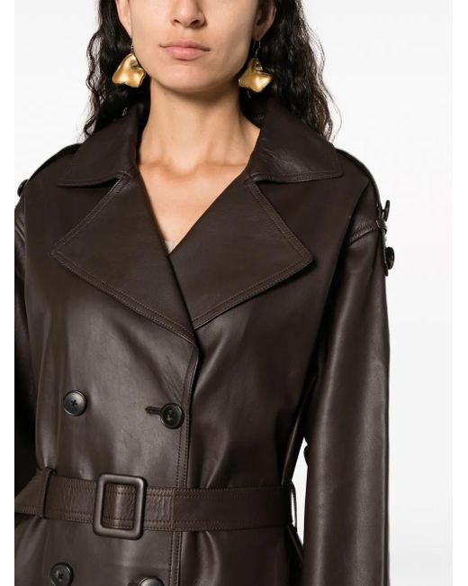 Yves Salomon Black Double-Breasted Leather Trench Coat