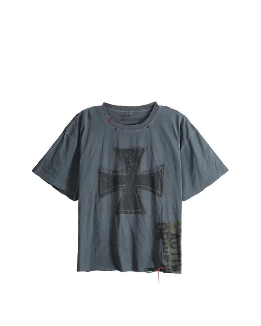 SAITOS Gray Cross-Print Distressed T-Shirt for men