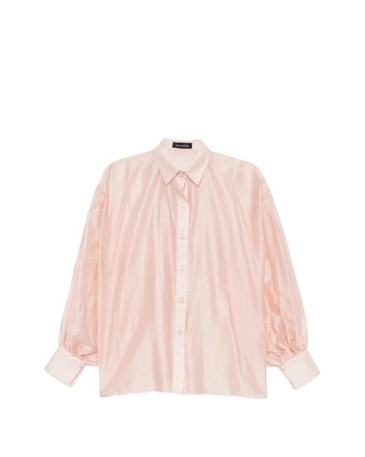 ACTUALEE Pink Rhinestone-Embellished Puff-Sleeve Shirt