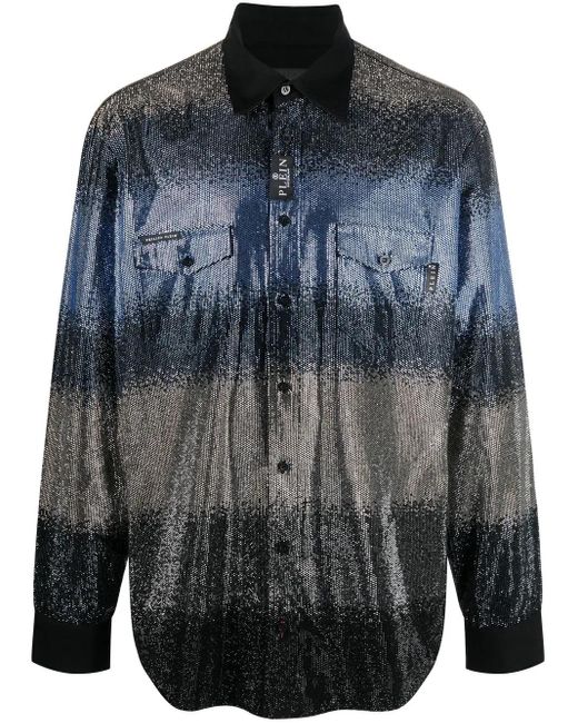 Philipp Plein Blue Striped Sequin Shirt for men