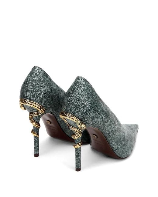 Roberto Cavalli White Snake-Embellished Stingray-Effect Heeled Pumps