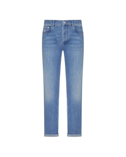 Brunello Cucinelli Blue Faded-Effect Logo-Embroidered Jeans for men