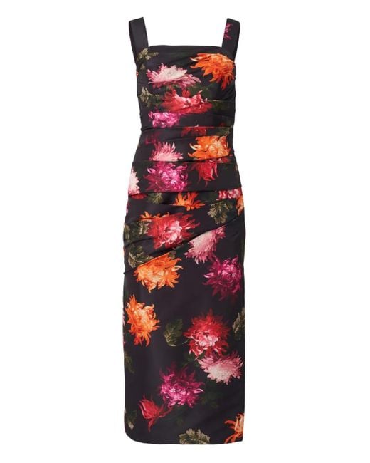 Carolina Herrera Gathered Floral Square-Neck Midi Dress