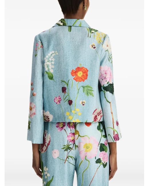 Oscar de la Renta Blue Botanical-Print Silk Blouse
