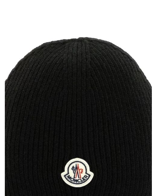 Moncler Black Logo-Patch Ribbed Beanie Hat for men