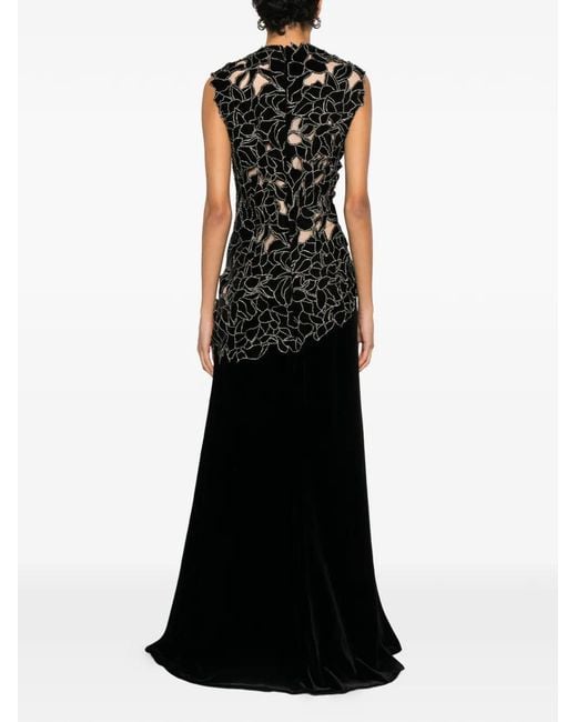 Costarellos Black Serisa Embellished Lace-Trimmed Velvet Gown