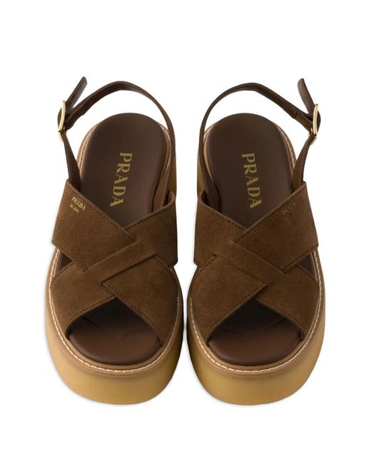 Prada Brown Buckle-Strap Suede Sandals