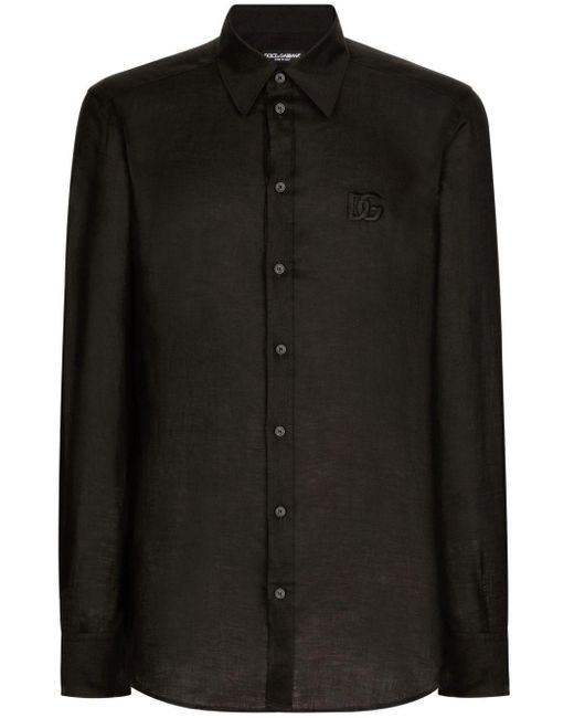 Dolce & Gabbana Black Logo-embroidered Linen Shirt for men