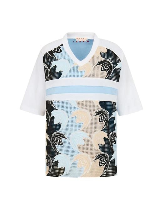 Marni Blue Cotton T-Shirt With Macramé Insert