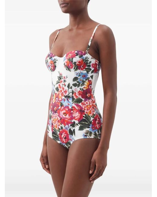 Dolce & Gabbana White Flower Bouquet-Print Balconette One-Piece Swimsuit