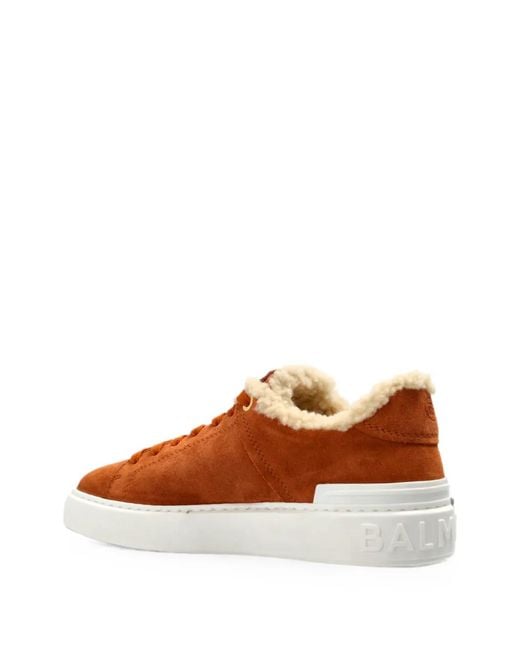 Balmain Brown B-Court Shearling-Trim Sneakers
