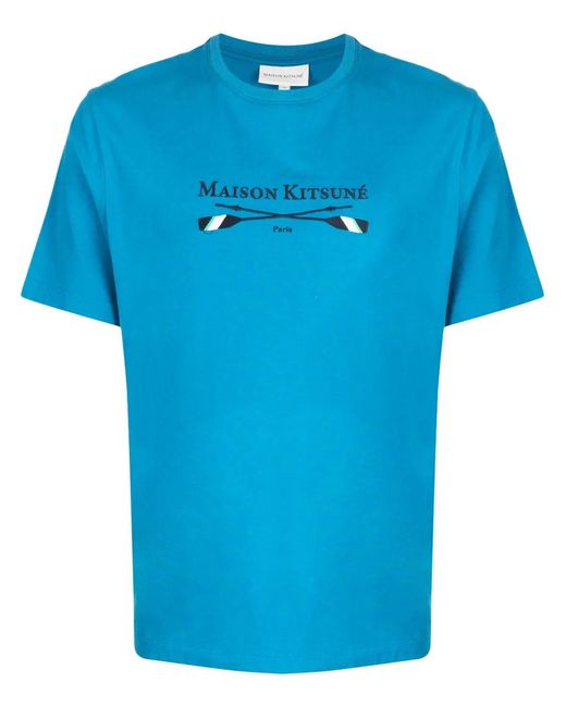 Maison Kitsuné Blue Logo-Embroidered Cotton T-Shirt for men