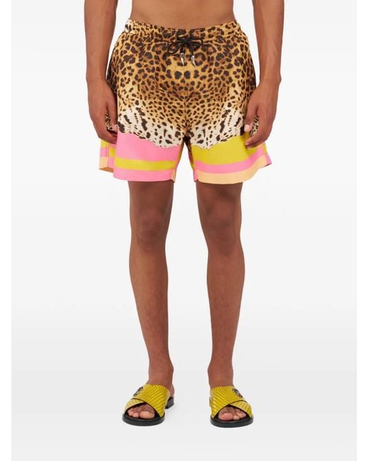 Roberto Cavalli Yellow Leopard-Print Swim Shorts for men