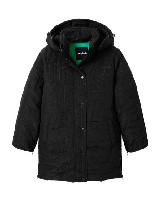 Desigual Black Quilted-Logo Padded Coat