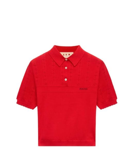 Marni Red Pointelle-Knit Scalloped-Trim Polo Top
