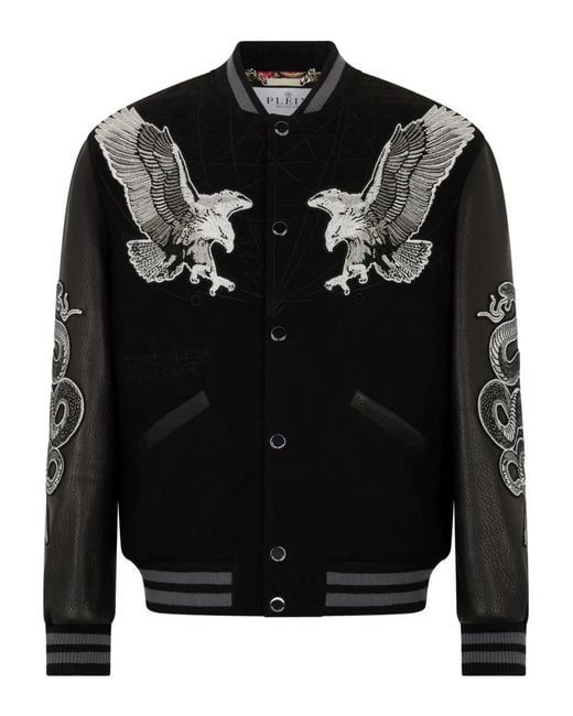 Philipp Plein Black Leather-Sleeves Bomber Jacket for men