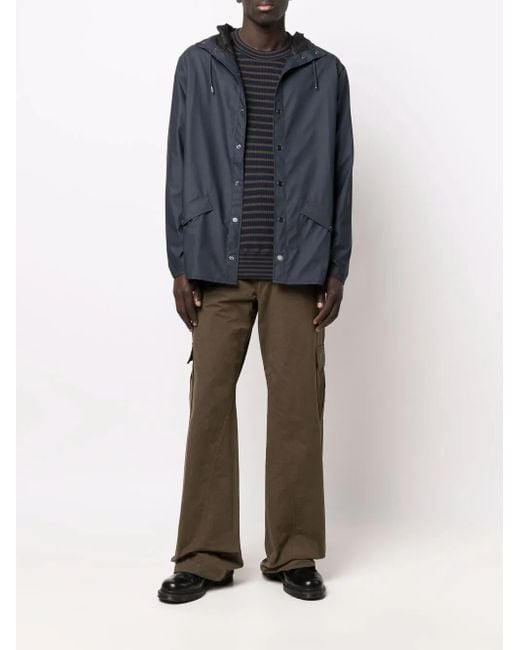 Rains Blue Drawstring-Hooded Buttoned Rain Jacket