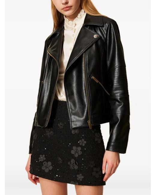 Twinset Black Biker Quilted-Panel Jacket