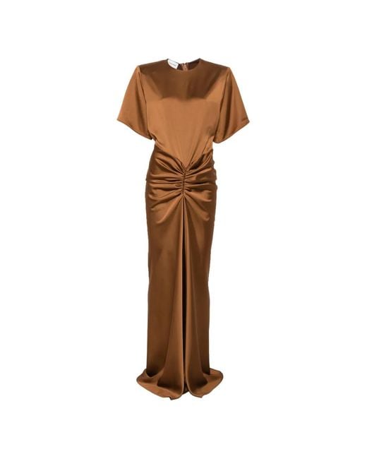 ANDAMANE Brown Iris Ruched Satin-Finish Dress