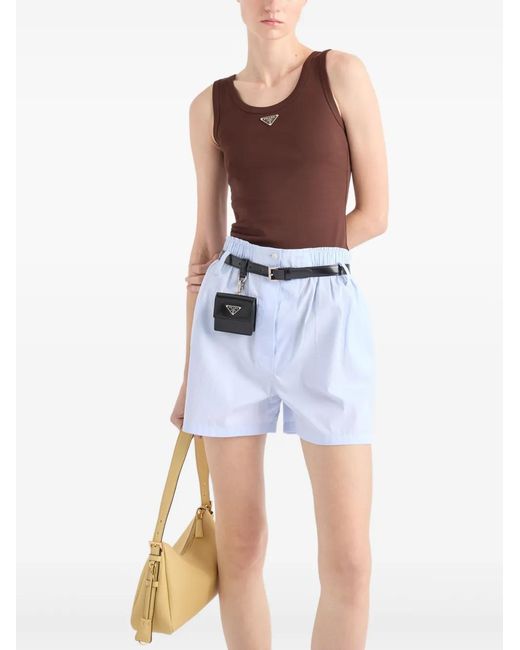 Prada Brown Logo-Plaque Ribbed Crop Top