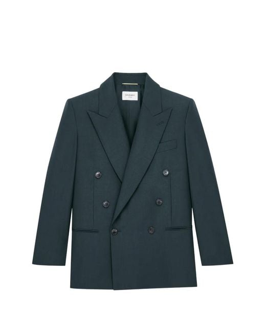 Saint Laurent Blue Double-Breasted Peak-Lapel Jacket