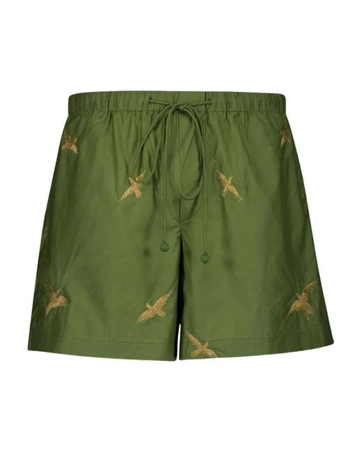 BAZISZT Green Embroidered-Bird Shorts for men