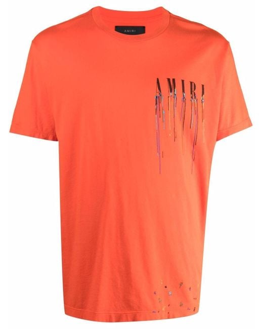 Amiri Cotton Paintdrip Logo Tshirt in Orange for Men Lyst
