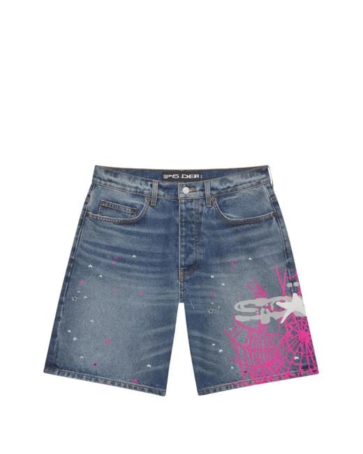 Sp5der Blue Heavy Web Denim Shorts for men