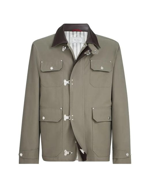 Brunello Cucinelli Green Water-Resistant Techno Cotton Gabardine Outerwear Jacket With Leather Inserts And Hook Fastening for men