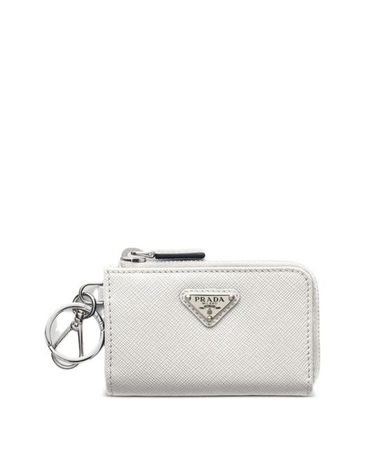 Prada White Saffiano Leather Mini Pouch With Keychain for men