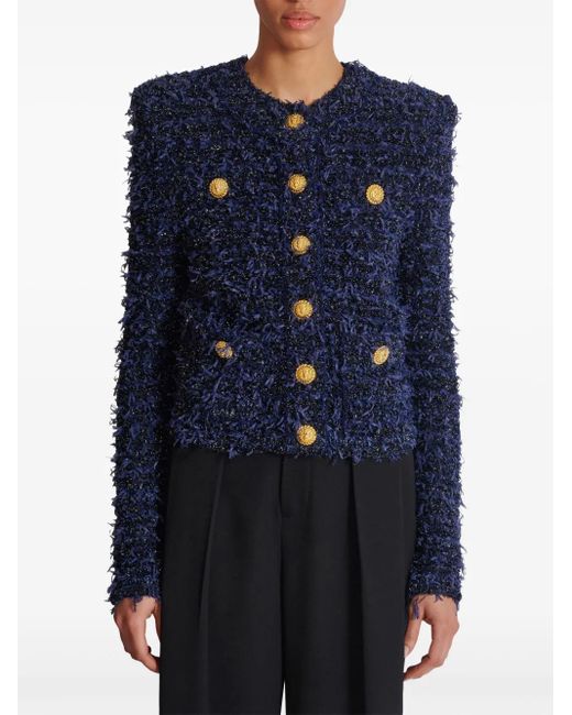Balmain Blue Tweed-Jacke mit Knöpfen